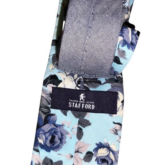 New Stafford Blue Gray & White Floral 100% Cotton Men’s Tie - Picture 2 of 4
